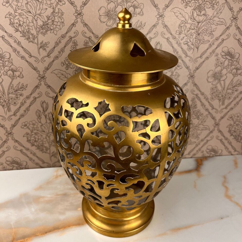 Luminary Alter Temple Jar Filigree Pattern Lid Open Bottom 13 in Metal Decor